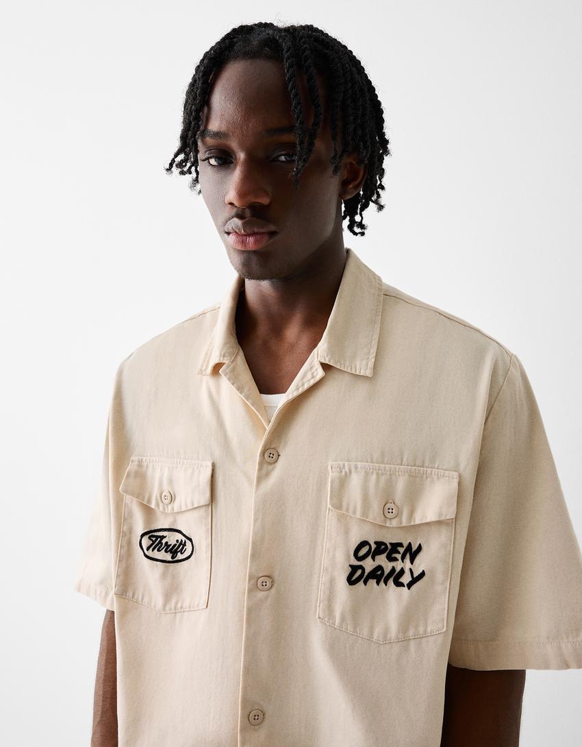 Chemise manches courtes boutons broderie-Sable-2