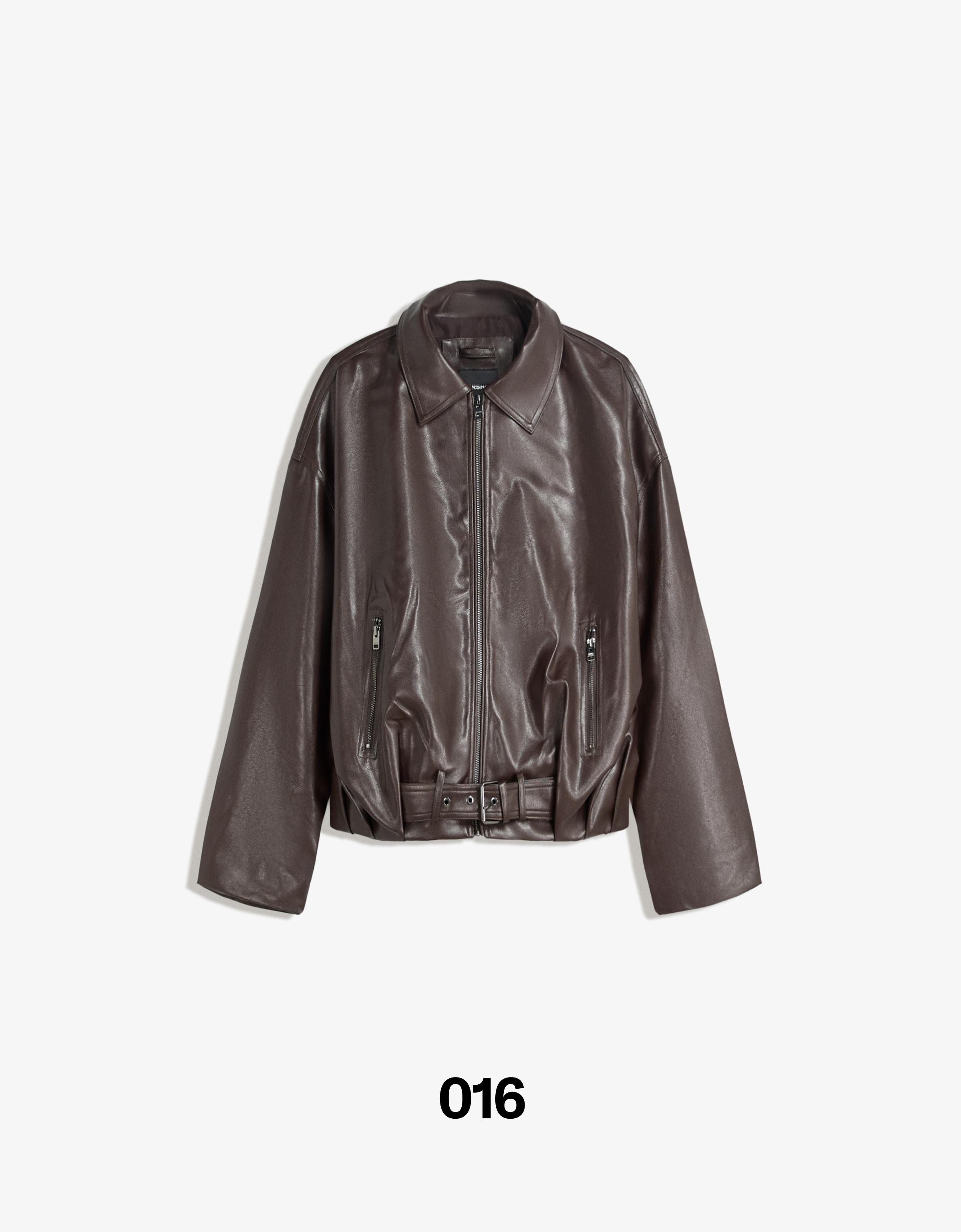 Leather effect bomber jacket with belt — Brown
