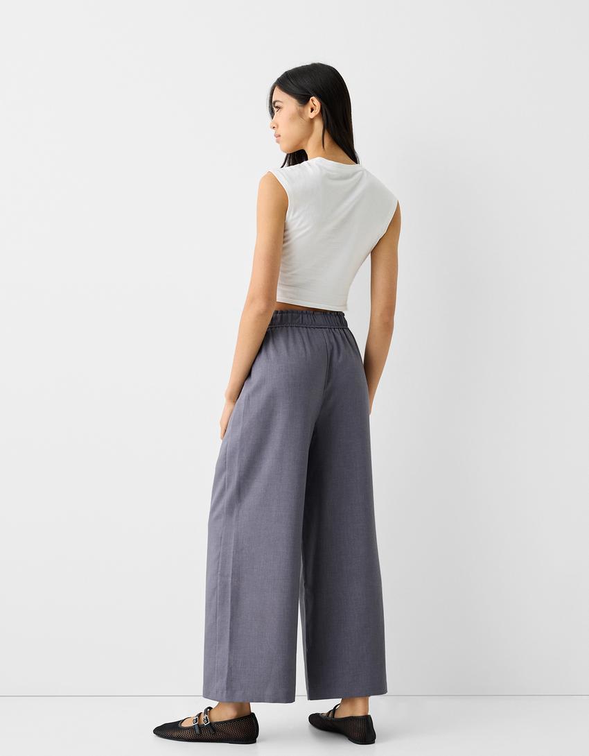 بنطال واسع وقصير رسمي بخصر مرن-رمادي داكن-2