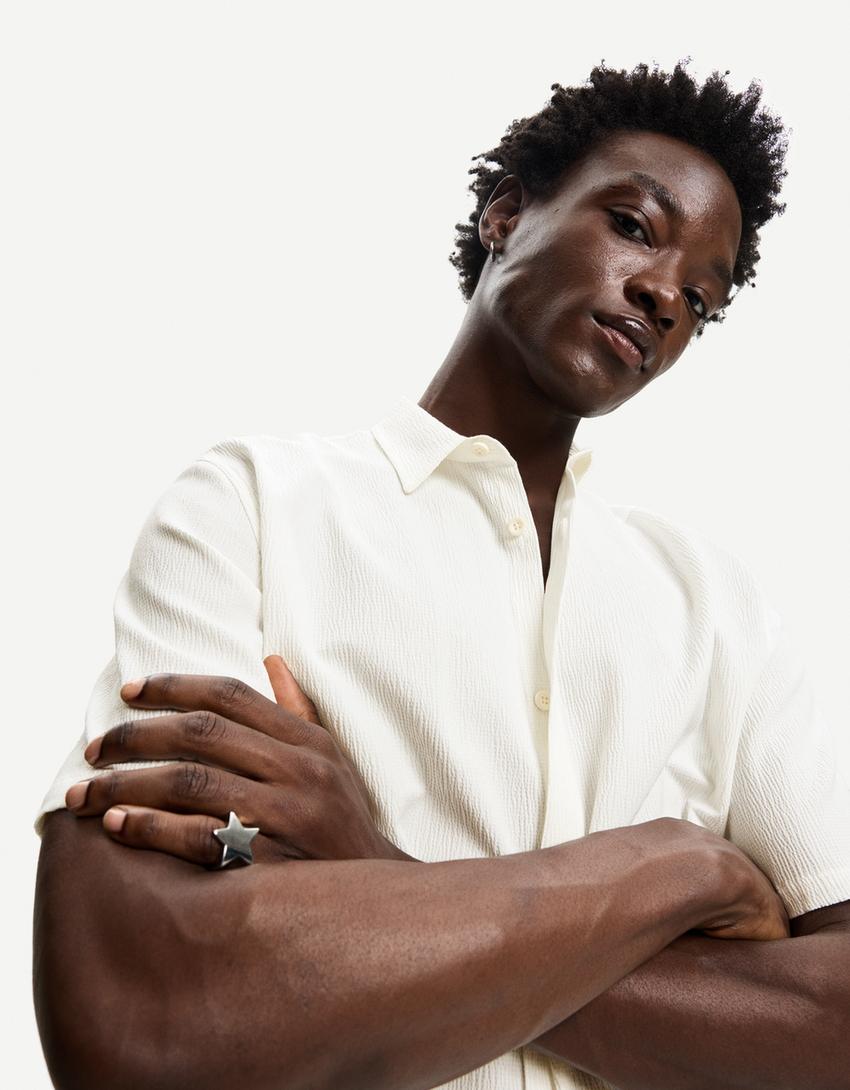 Pleated short sleeve shirt-Off white-2