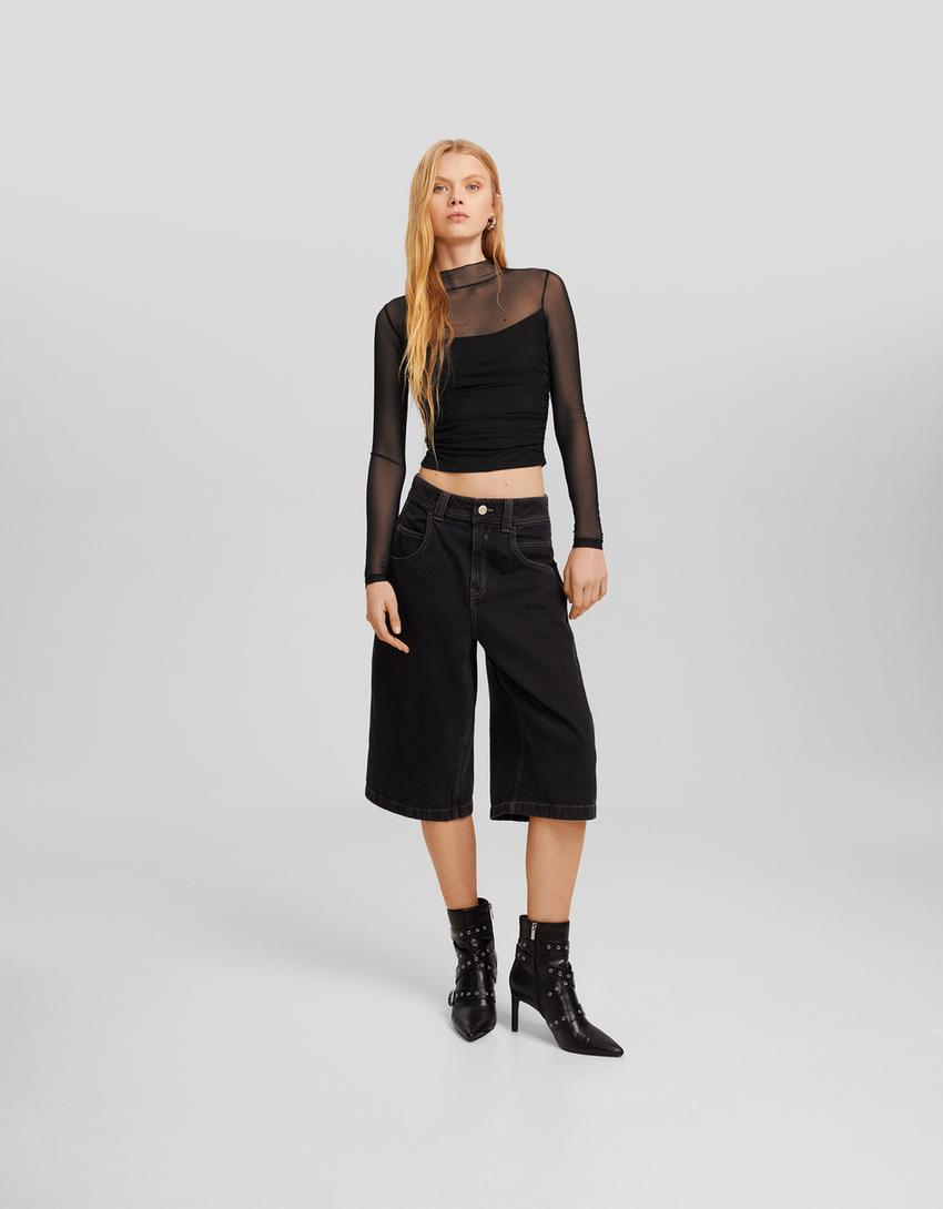 تيشرت تول بزمة وأكمام طويلة-أسود-3