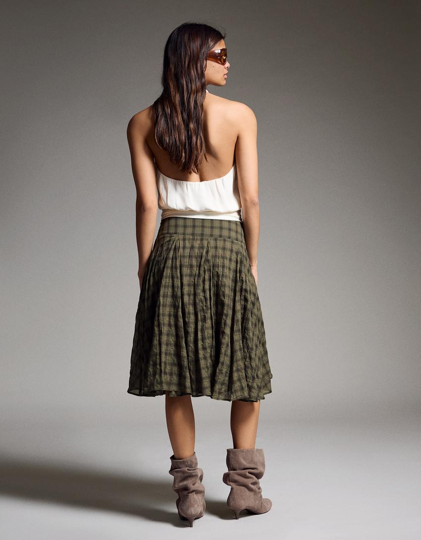 Checked full midi skirt-Khaki