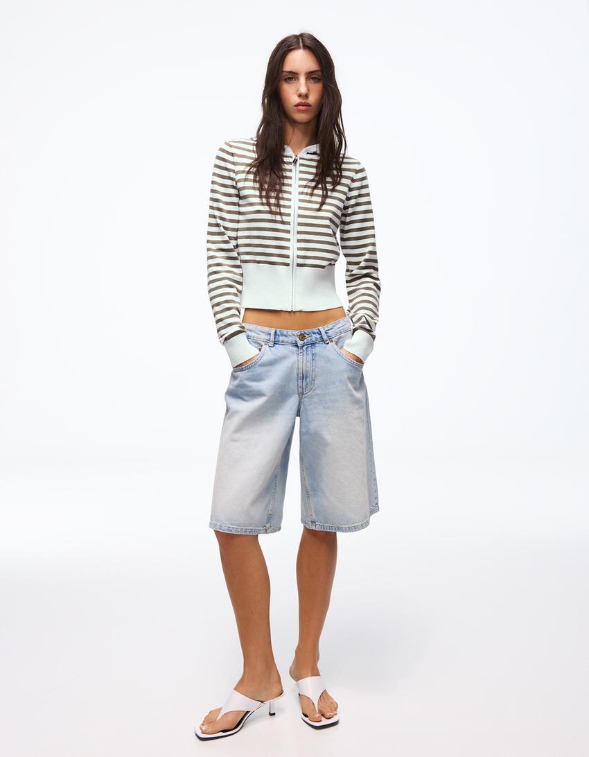 Zip-up striped hoodie-Blue