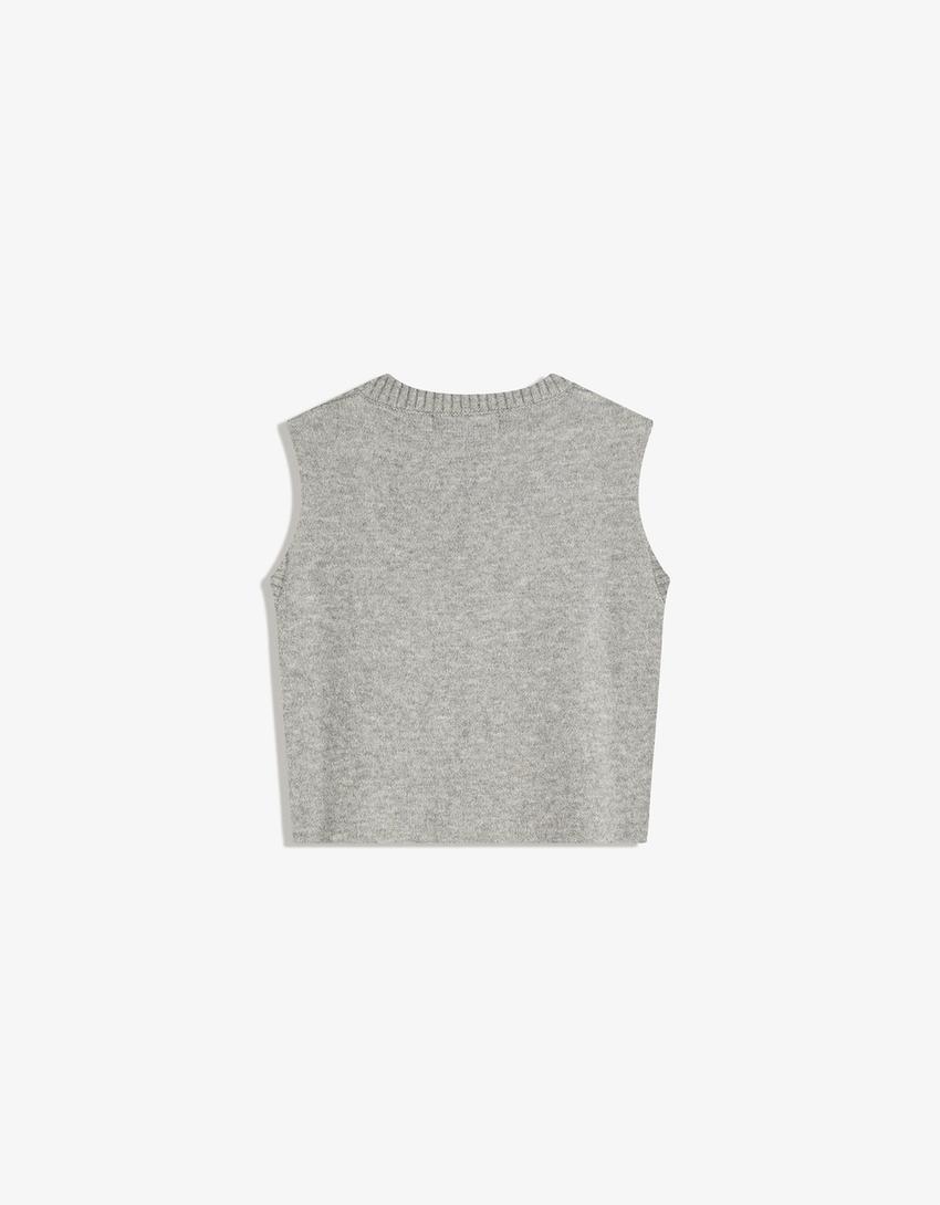 Gilet col en V toucher doux-Gris-4
