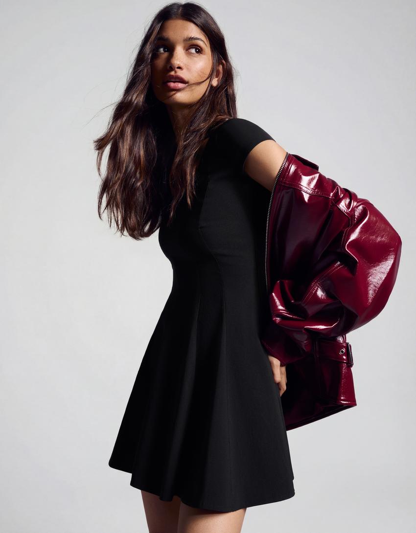 Bengaline mini dress with flared skirt-Black