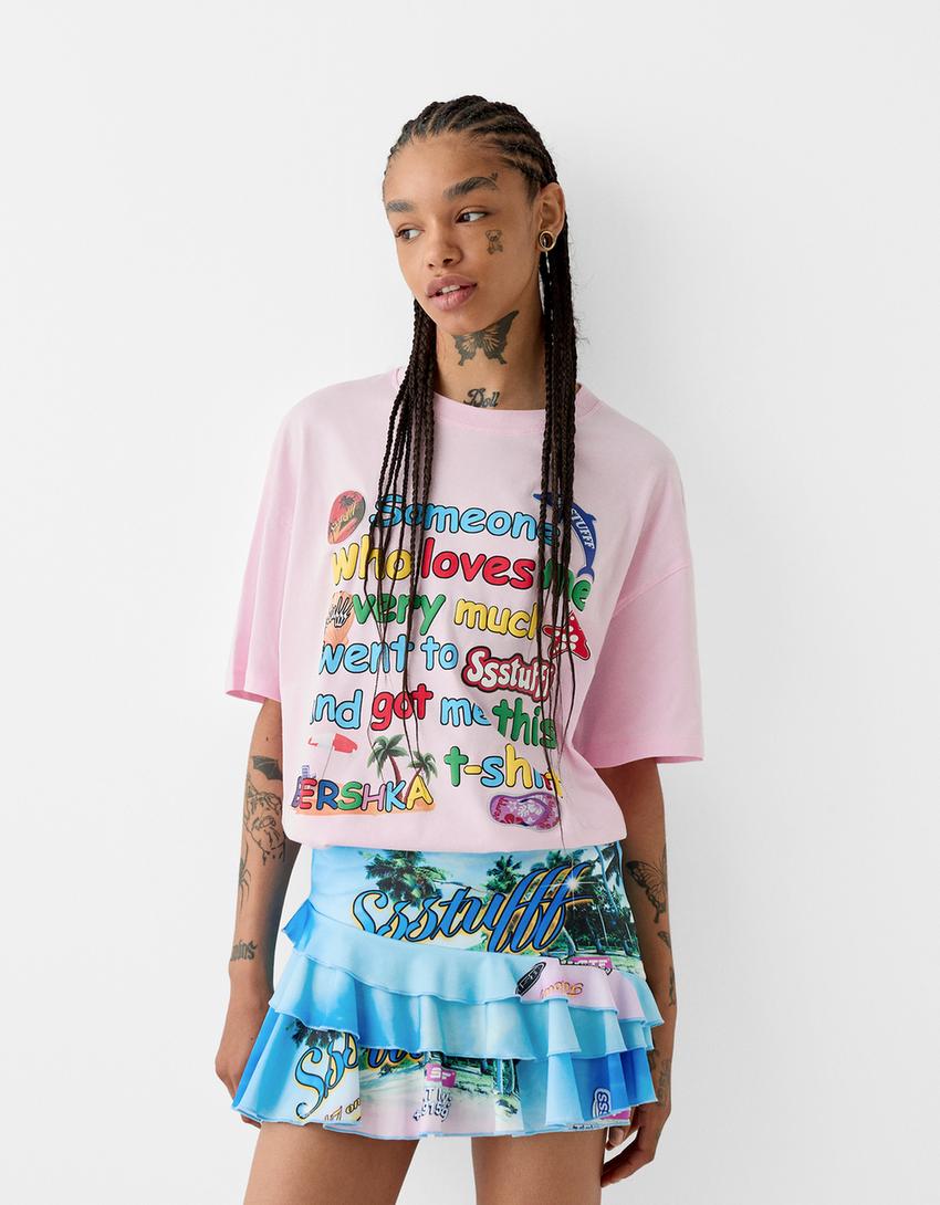 SSSTUFFF x BERSHKA print ruffled mini skirt-Pink-1