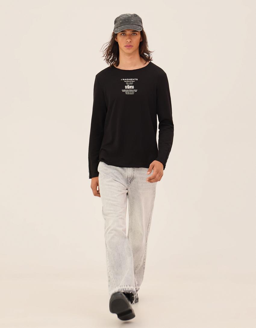 Long sleeve slim fit print T-shirt-Black