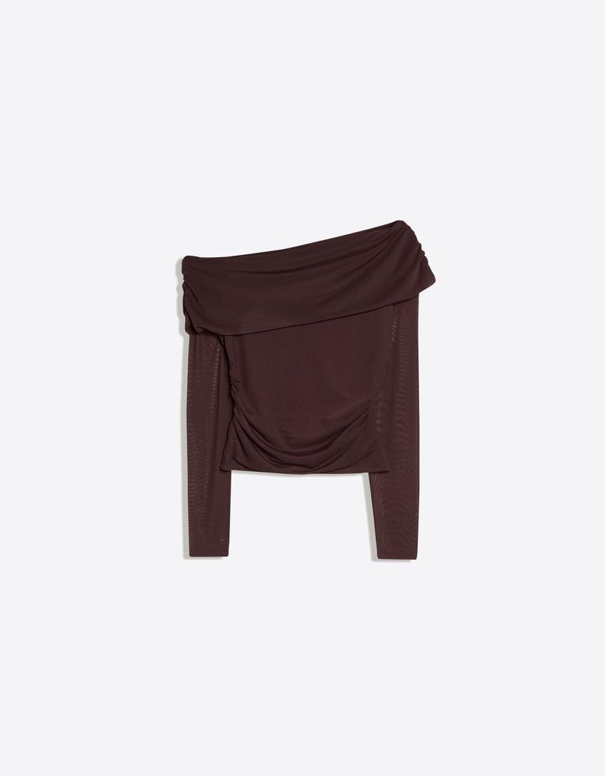 Asymmetric tulle long sleeve T-shirt-Brown