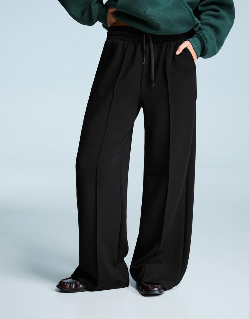 Yumuşak wide leg pantolon-Siyah