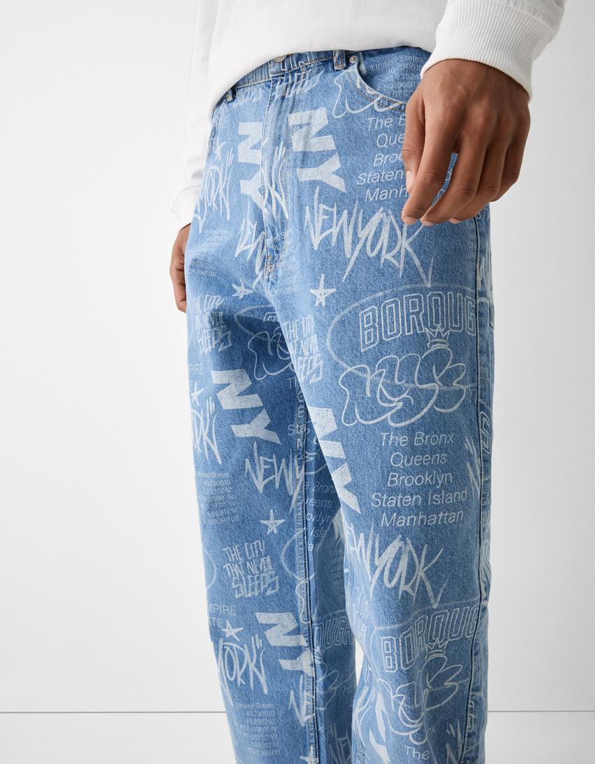 Jean baggy imprimé-Bleu lavé-3