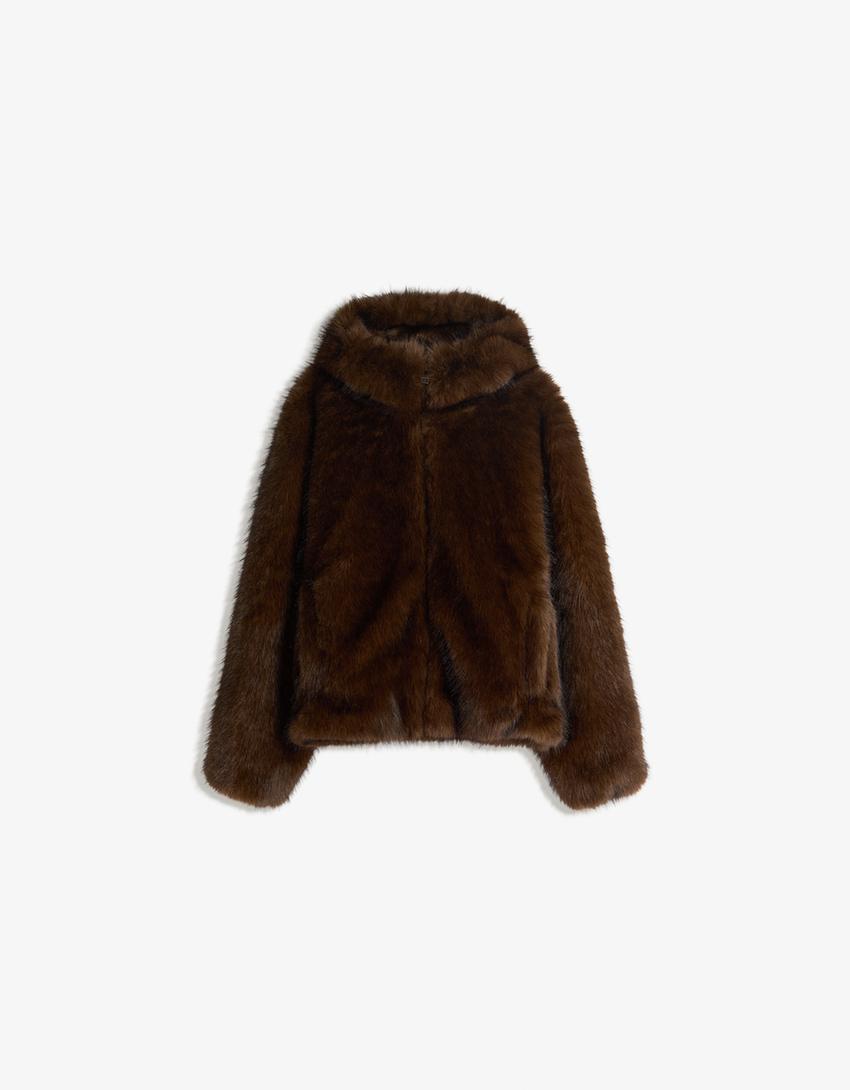 Faux fur hooded jacket-Brown