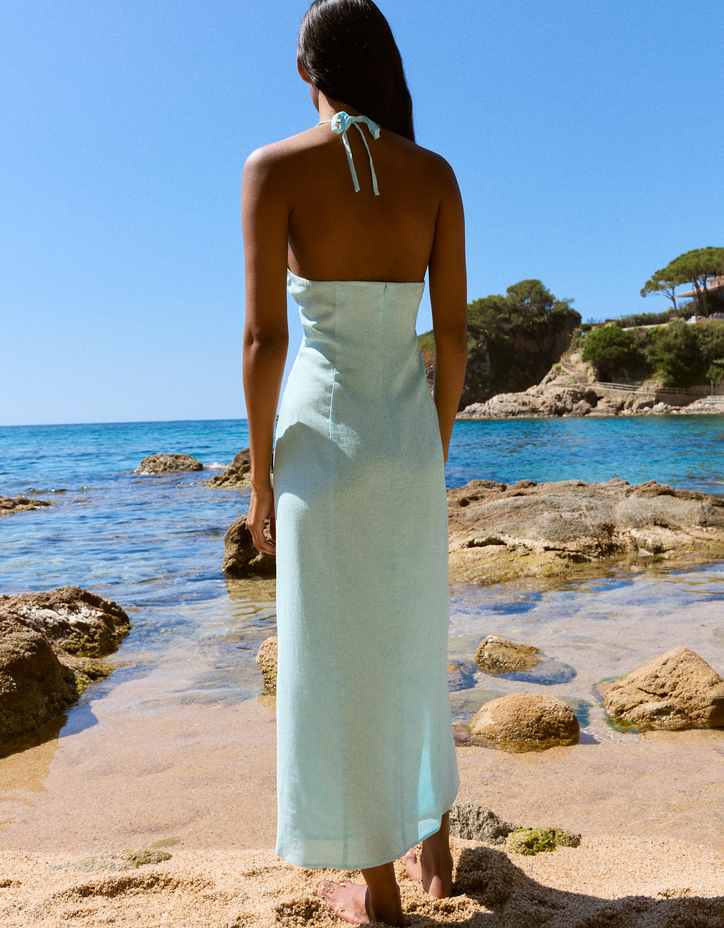 Halter midi dress with linen — Turquoise