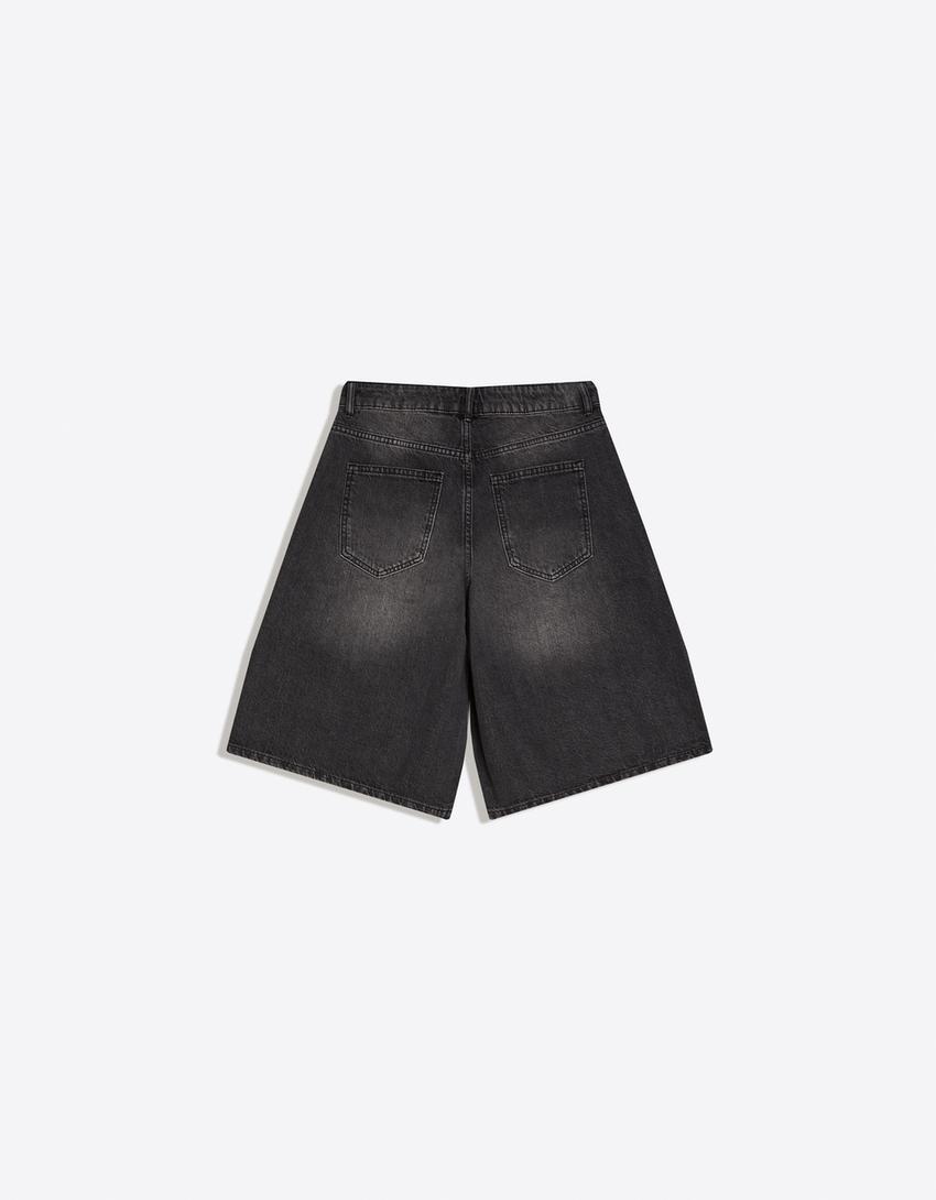 Baggy denim Bermuda shorts-Black