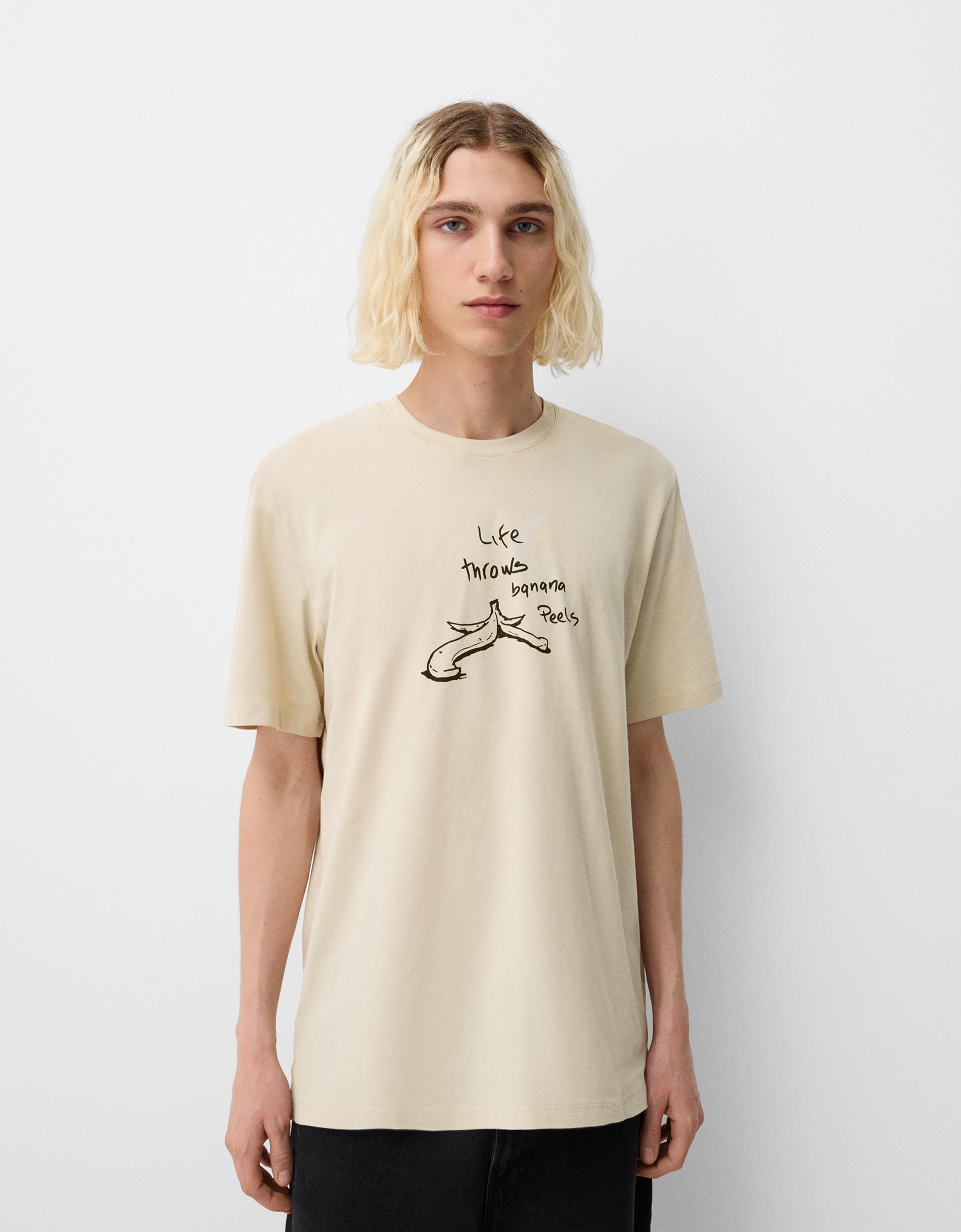 Bershka T-Shirt Im Regular-Fit Mit Print Herren L Camel