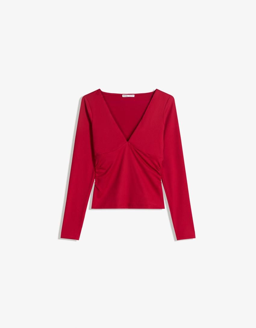 T-shirt met plooi en lange mouw-Rood