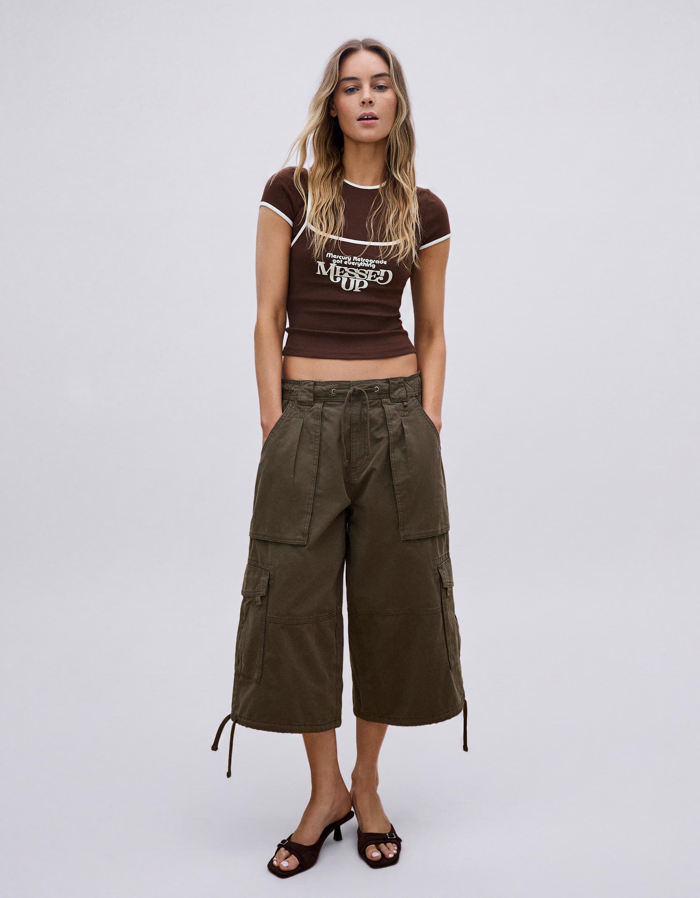 Double short sleeve T-shirt with contrast print — Brown