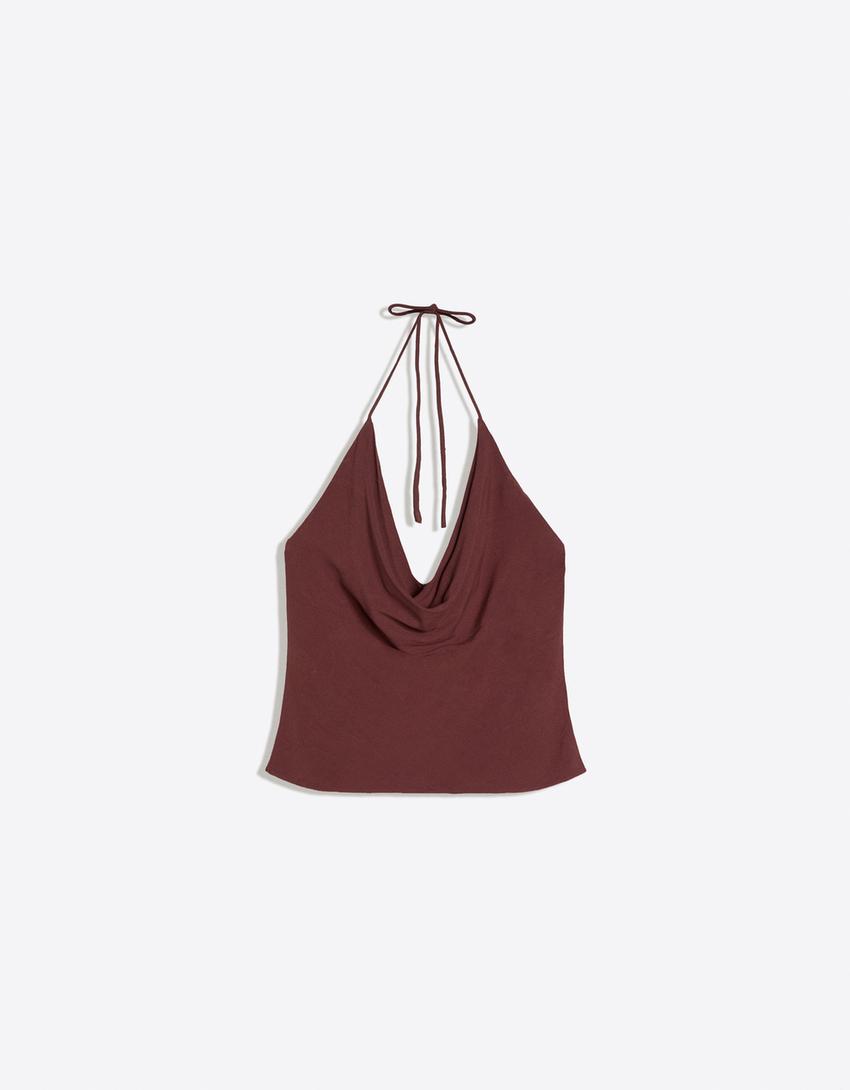Top drapé à encolure américaine-Marron