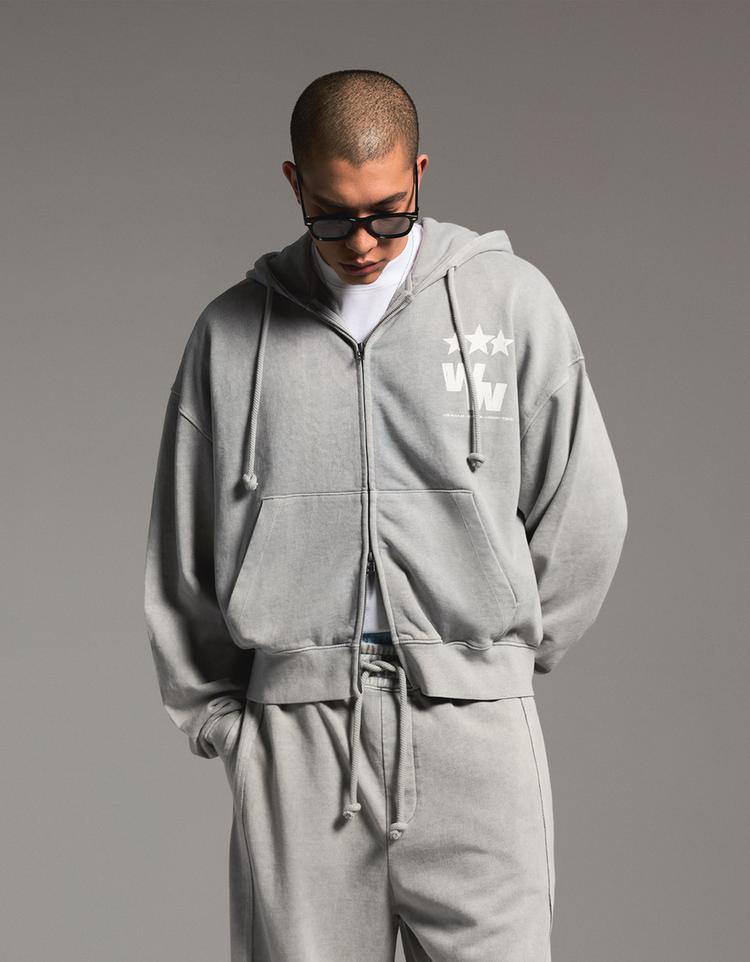 Fermuarlı boxy fit baskılı sweatshirt