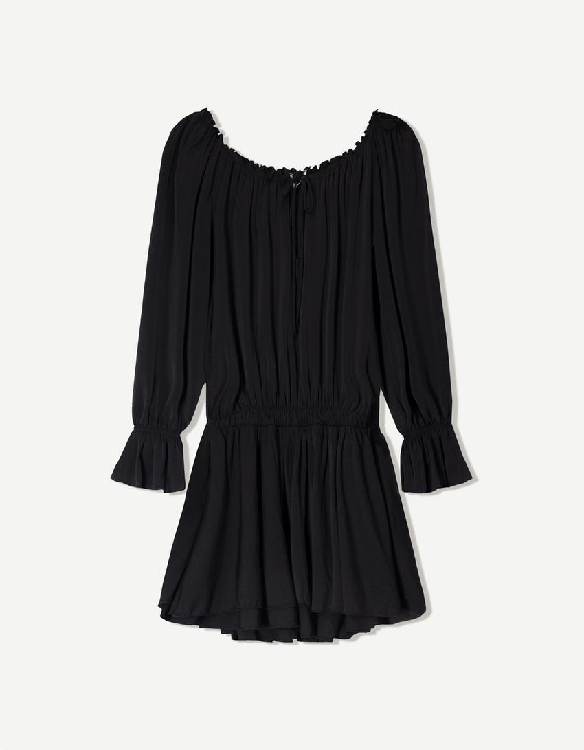 Vestido manga larga mini boho-Negro-4