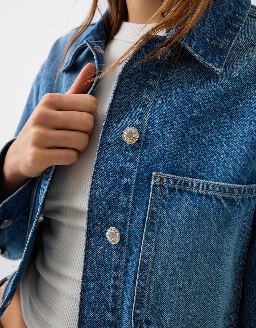 Cropped denim workwear jacket-Light blue-5