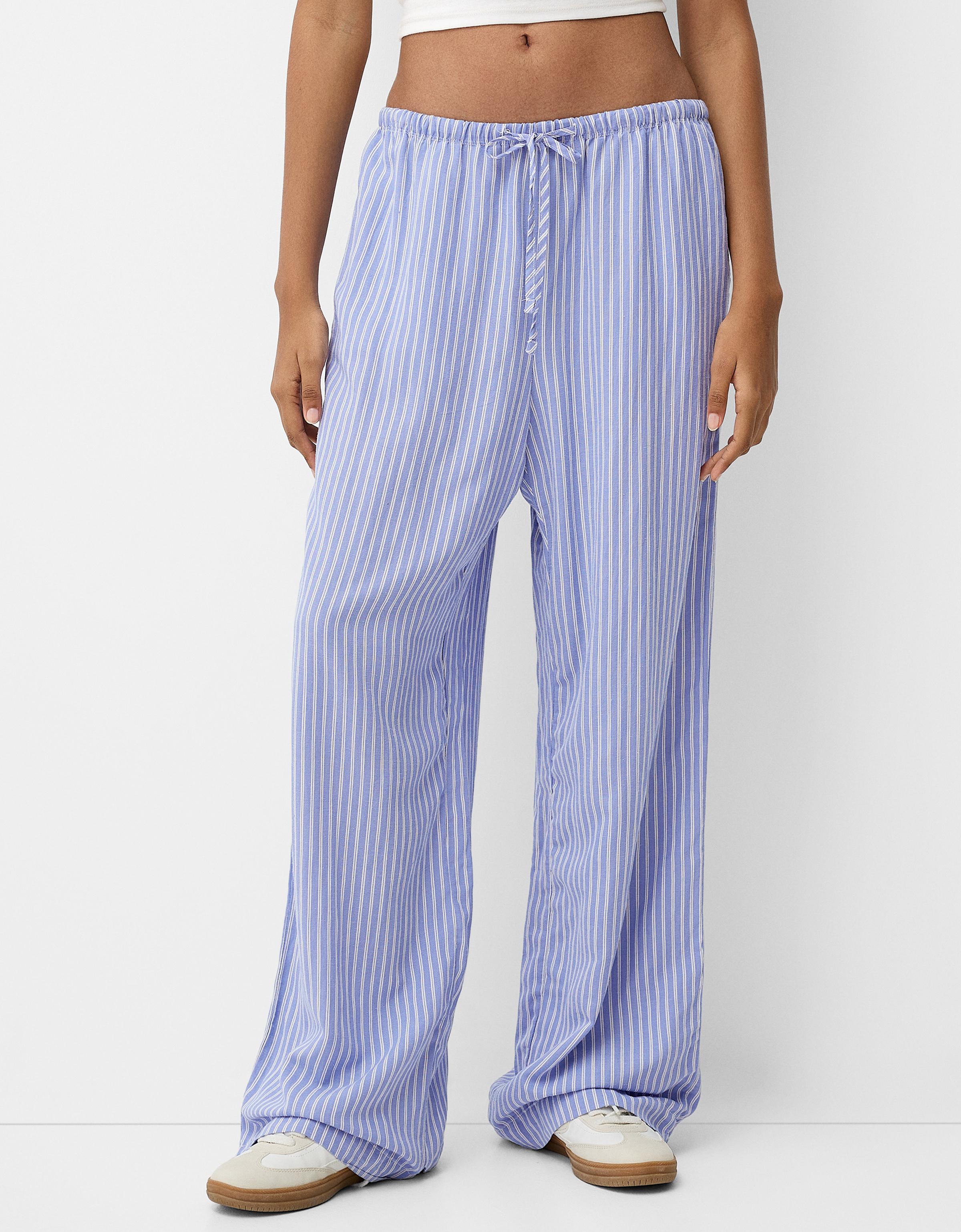 Bershka Straight-Fit Hose Mit Streifen Und Gummizugbund Damen M Blau