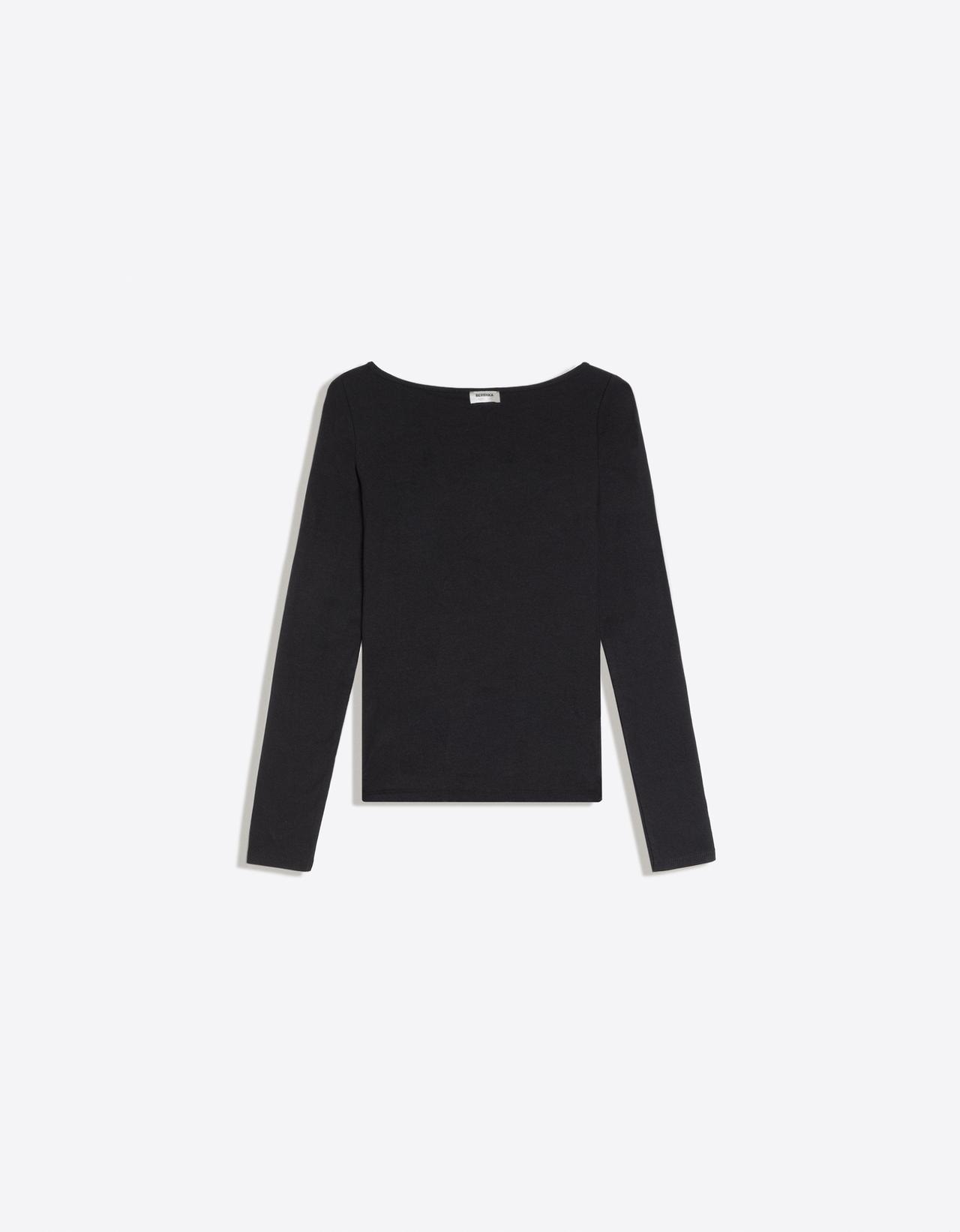 Long sleeve T-shirt with tie-fastening neckline — Black