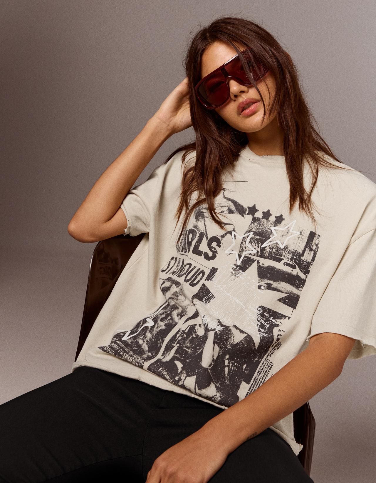 Short sleeve washed print T-shirt — Sand