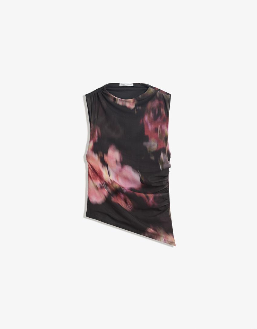 Sleeveless asymmetric mesh T-shirt-Black