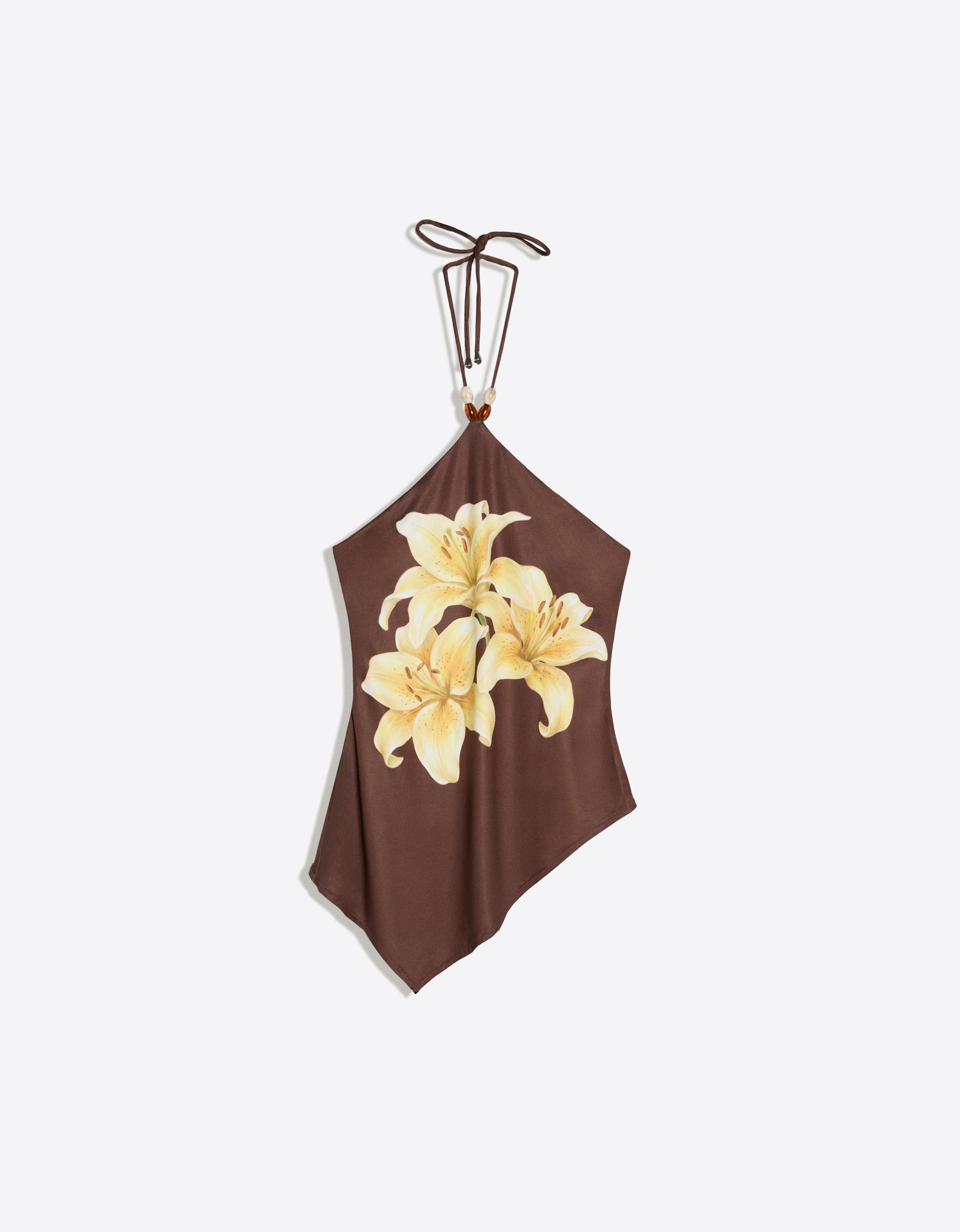 Halter neck print top — Brown
