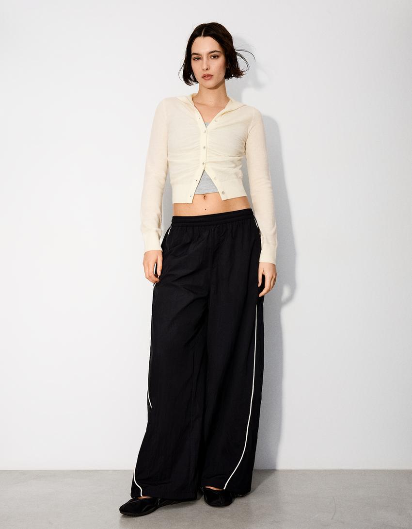 Fine-knit hooded cardigan-Cream