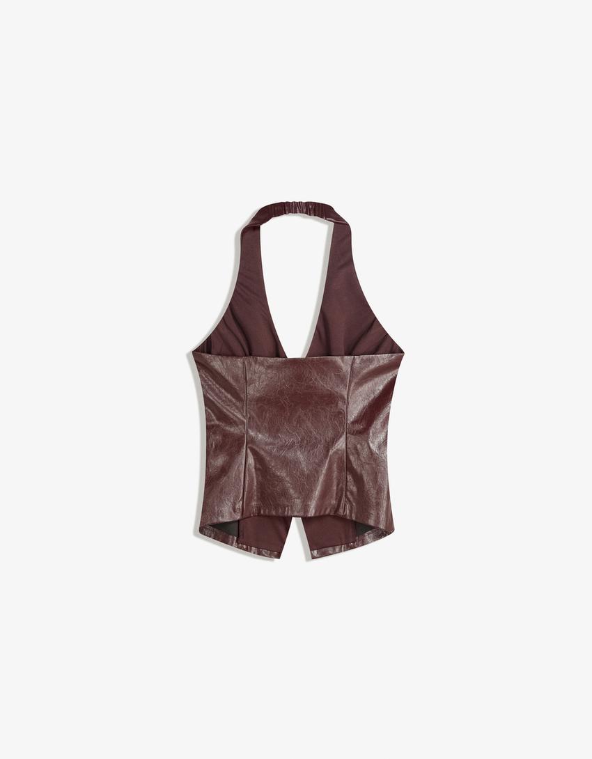 Leather effect halter top with zip-Violet-4