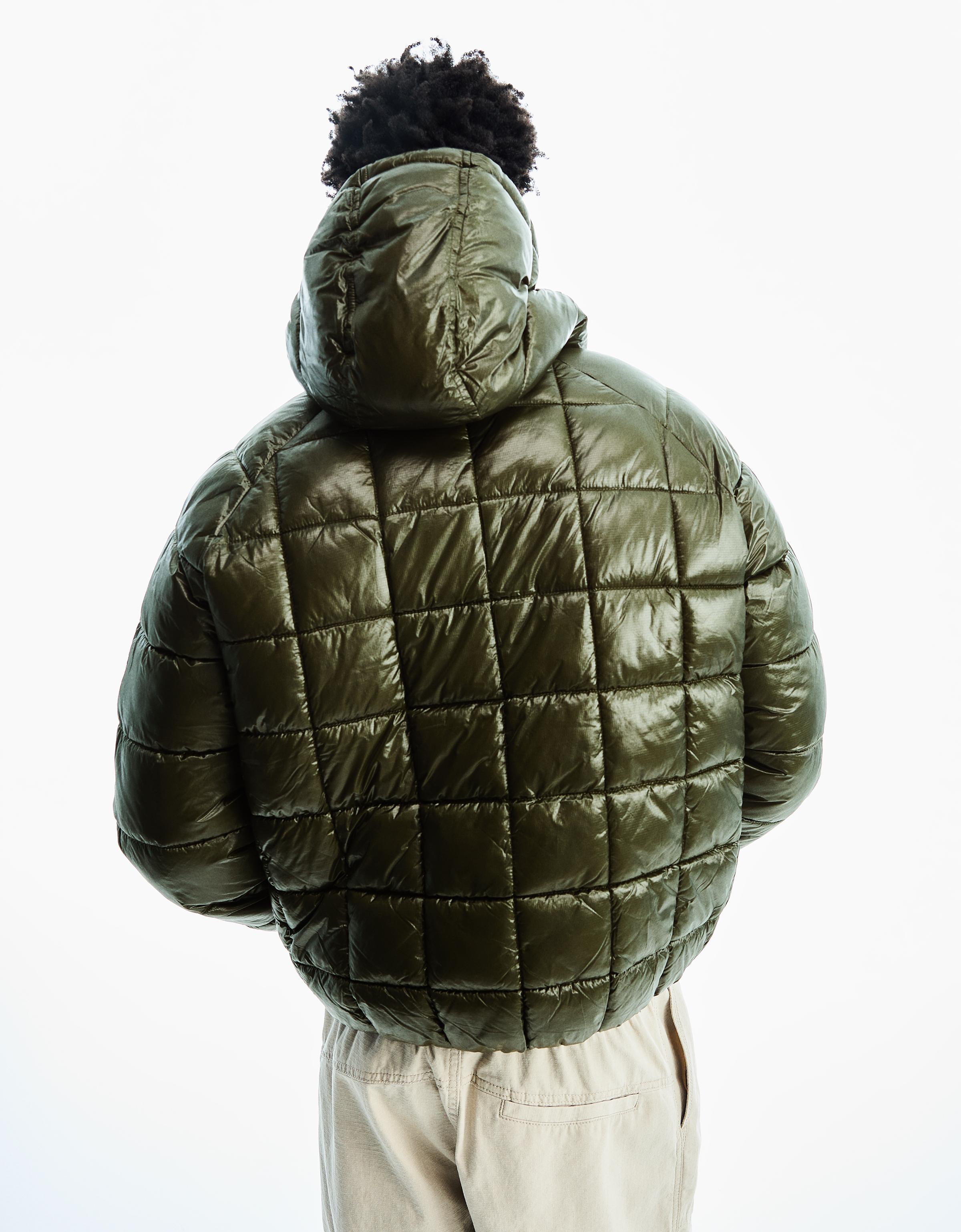 Hooded grid puffer jacket — Khaki