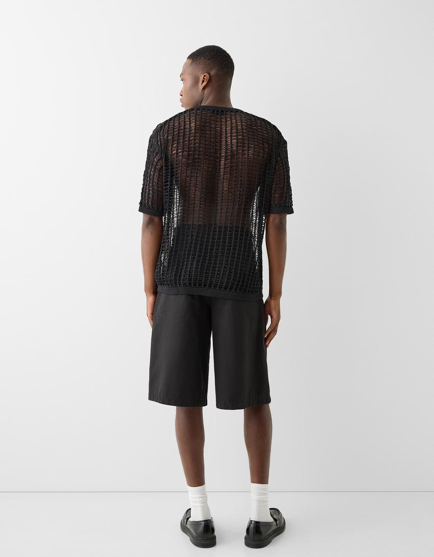 تيشرت بتصميم مثقب وأكمام قصيرة-أسود-1