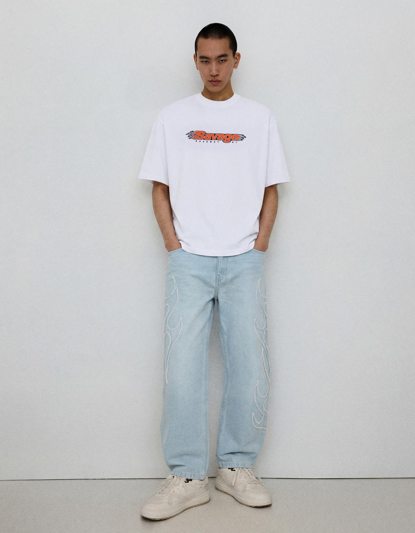 Bershka Jeans Baggy Parche Hombre Azul Claro