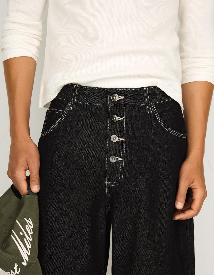 Barrel fit denim bermuda-Siyah