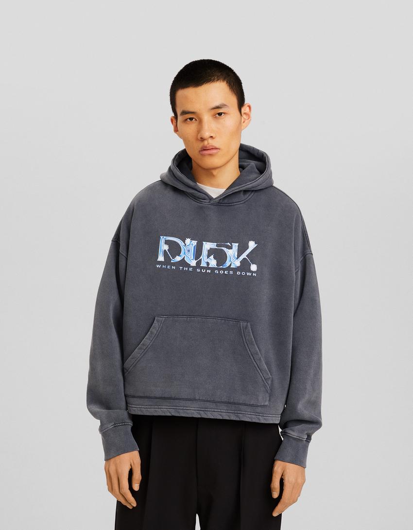 Cropped faded-effect print hoodie-Grey
