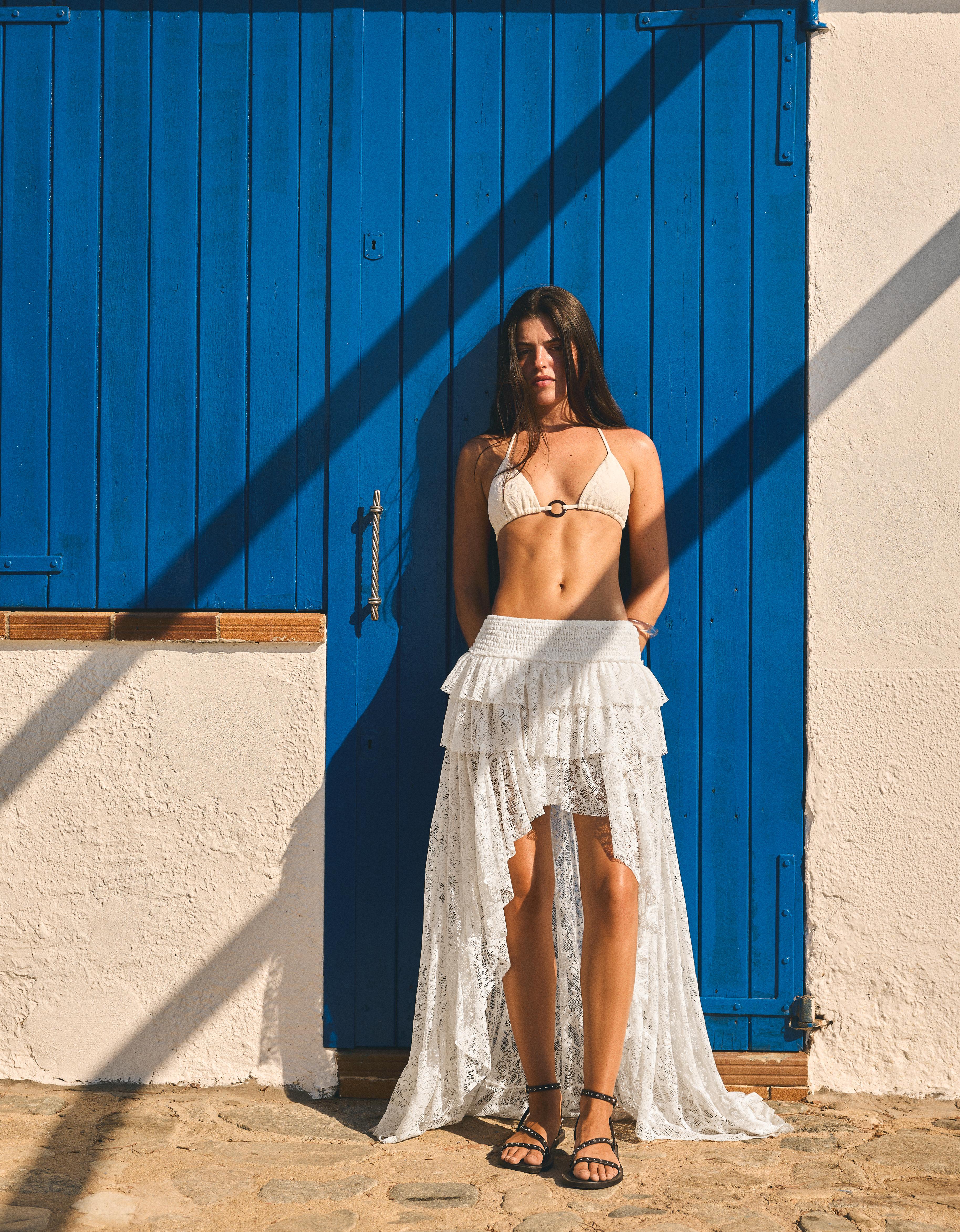 Bershka Falda Midi Asimétrica Encaje Mujer L Blanco Roto