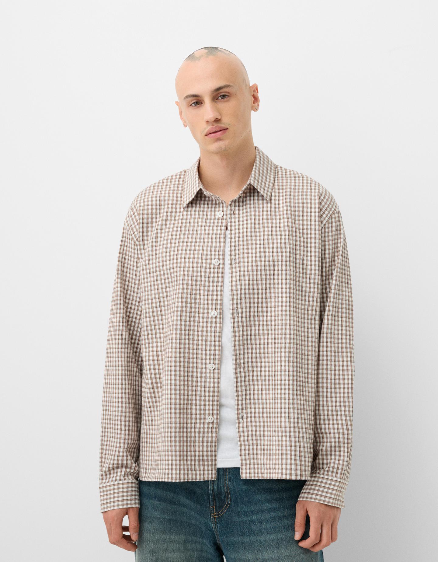 Bershka Camisa Relax Cuadros Hombre M Camel