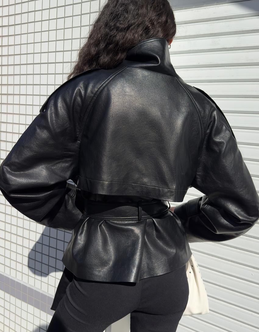 Cropped leather effect trench jacket-Black