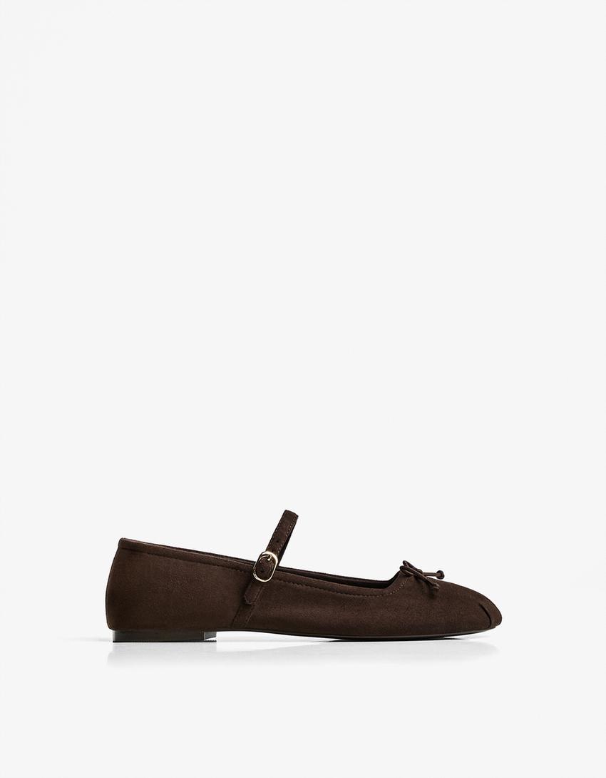 Ballet flats with bow and buckle-Brown