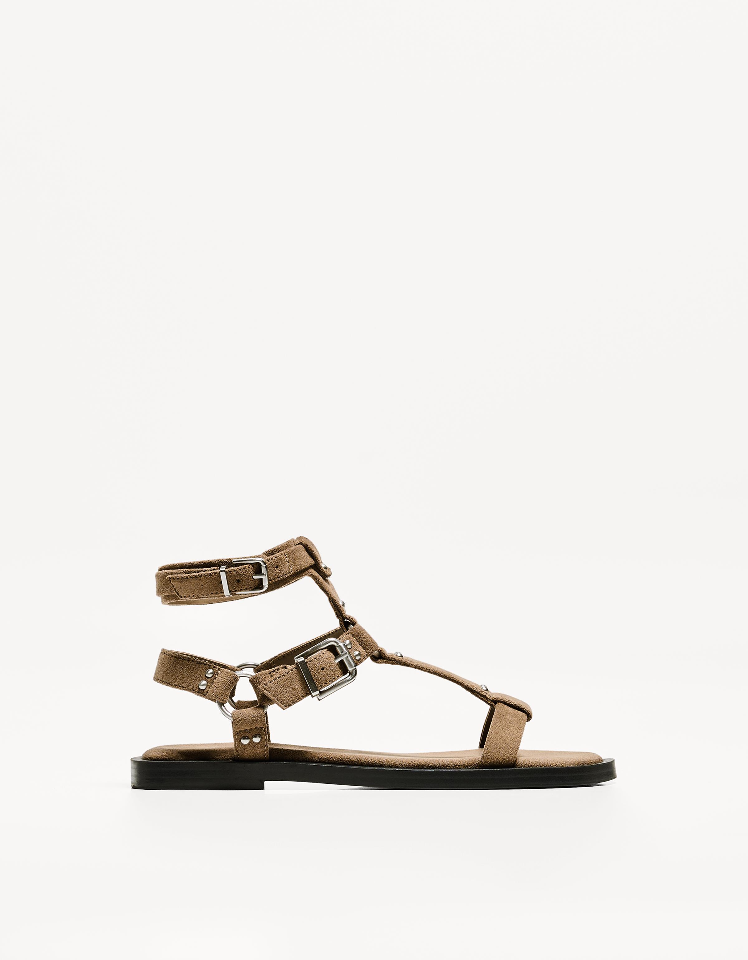 Bershka Flache Sandalen Mit Schnallen Damen 37 Sandfarbe