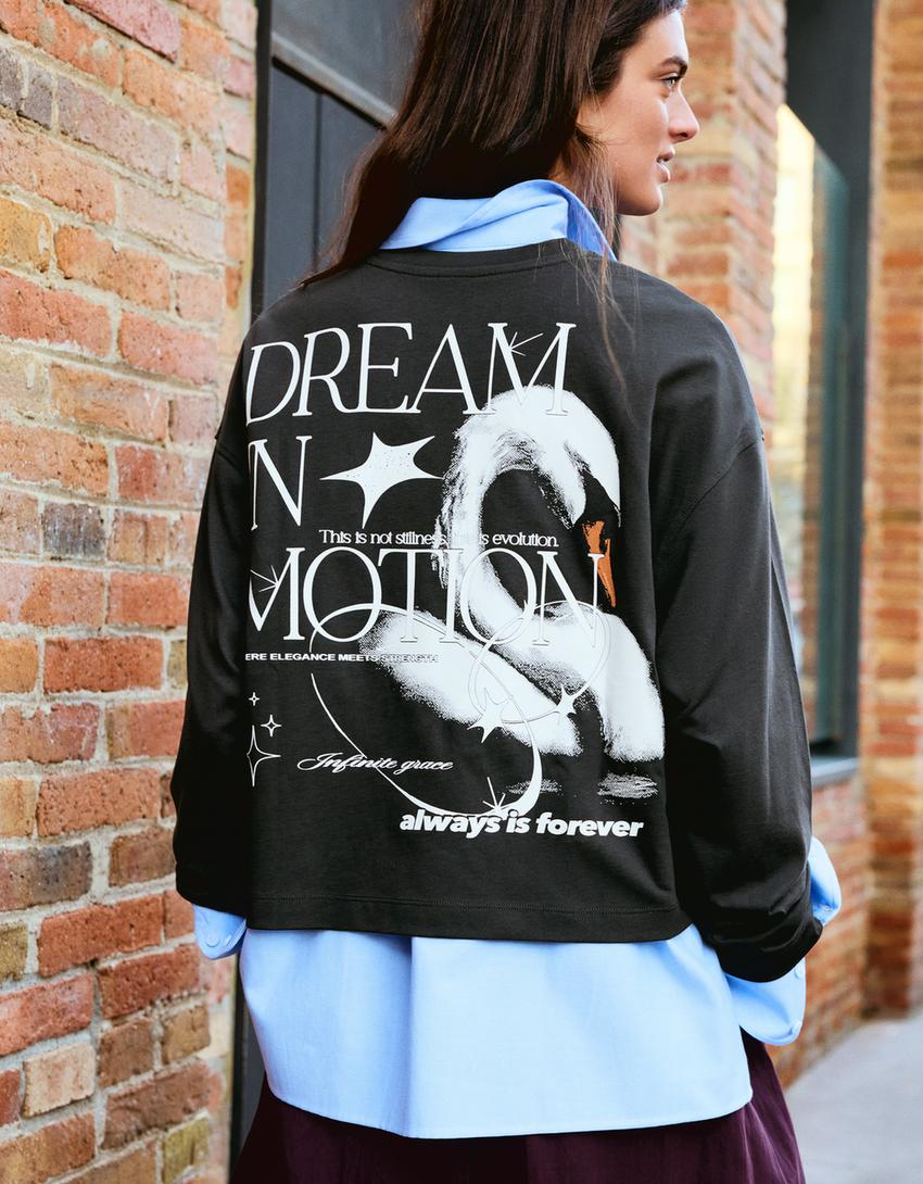 Majica dugih rukava oversize kroja sa printom-Tamnosiva