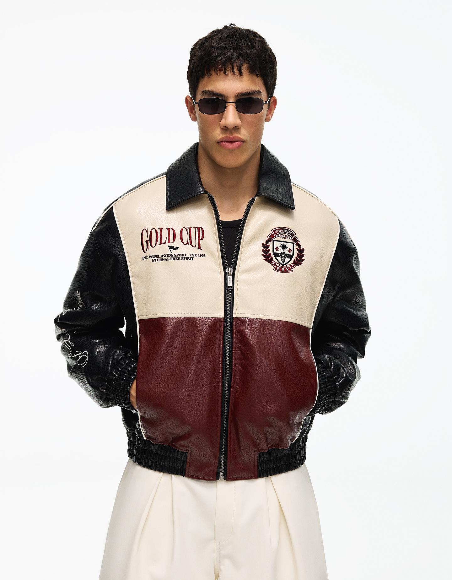 Bershka Cazadora Efecto Piel Gráfico Hombre Negro