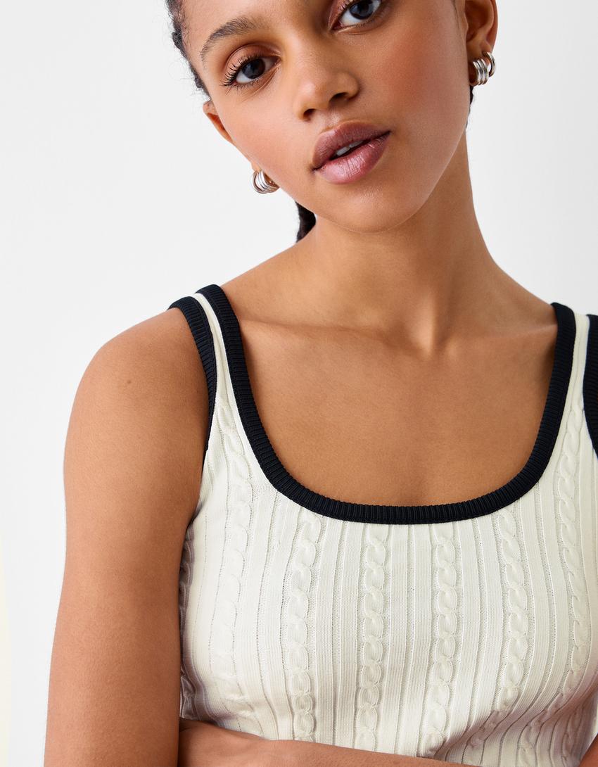 Contrast cable-knit top-Cream-2