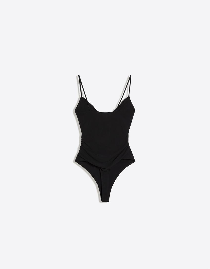 Strappy draped bodysuit-Black