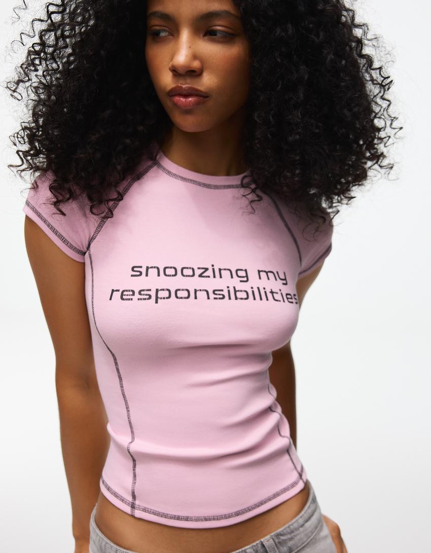 Printed short raglan sleeve T-shirt-Pink