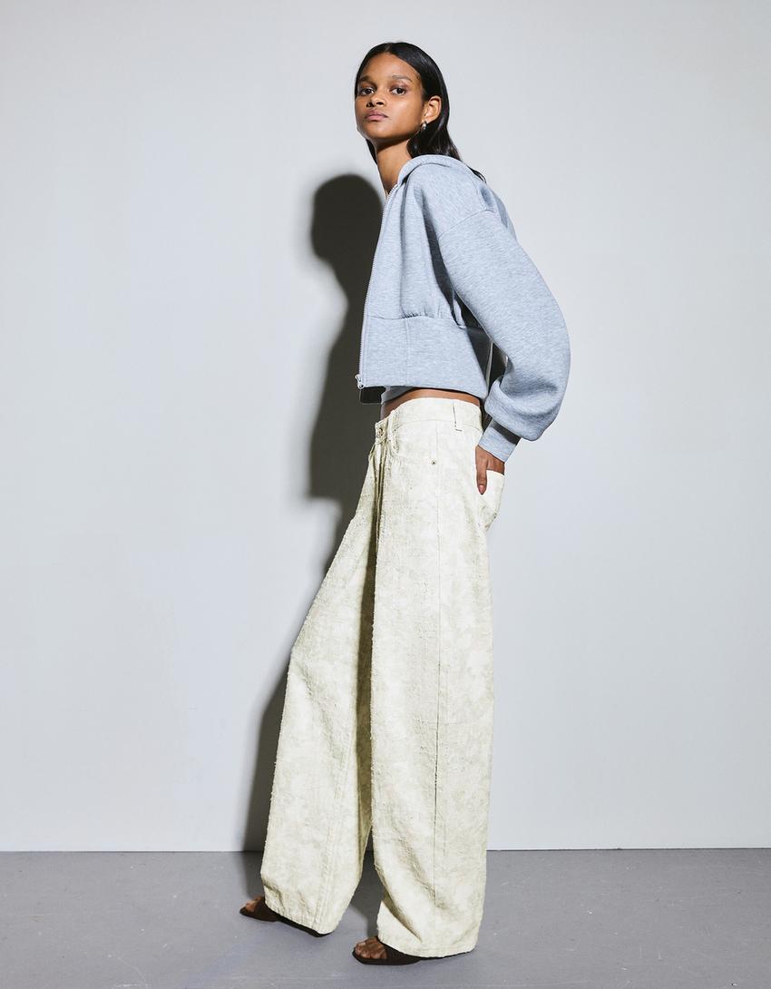 Düşük bel dokulu ve desenli baggy fit jean-Kahverengi