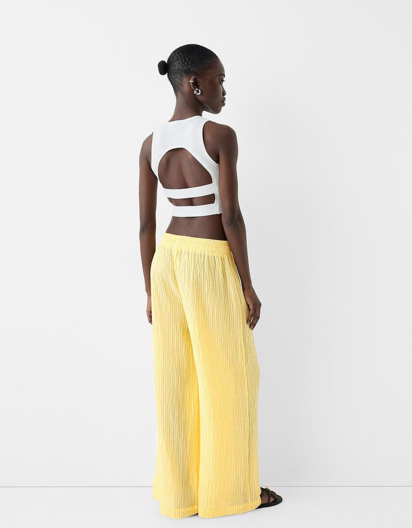 Striped wide-leg creased-effect trousers-Yellow-2