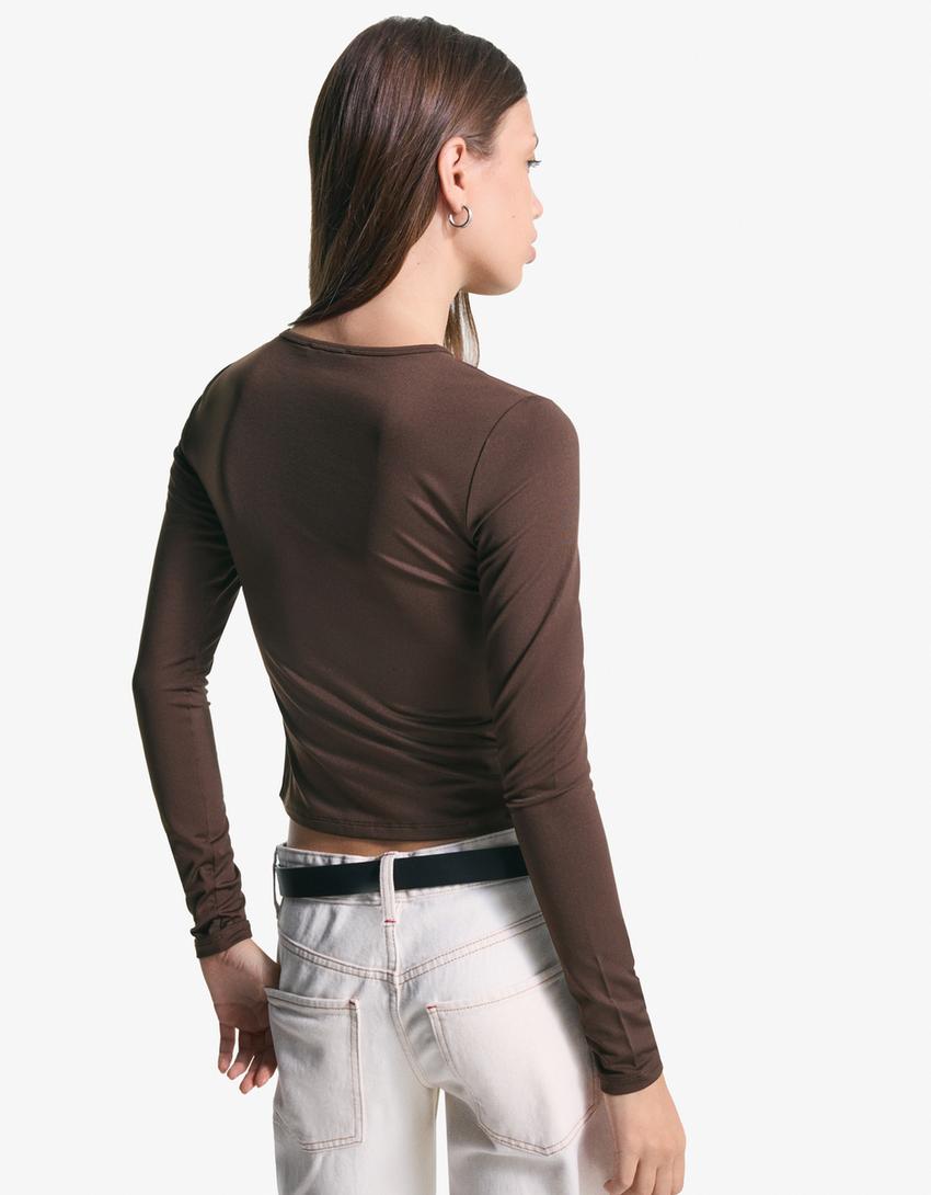 Long sleeve T-shirt with buttons-Brown-1