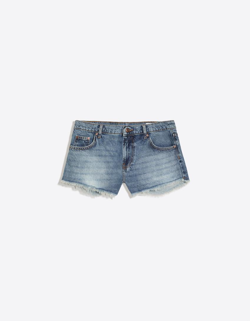 Short denim mini bajo desflecado-Azul
